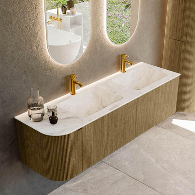 Mondiaz KURVE-DLUX Ensemble de meuble de salle de bains - 155x46x40cm - 2 tiroirs - 1 porte - lavabo solid surface - double / droite - 2 trous de robinet - Dusk