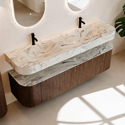 MONDIAZ THOR-DLUX 170cm meuble de salle de bains arrondi gauche + droite couleur Walnut avec 1 tiroir et 2 portes. Vasque suspendue CLOUD Double 2 trous de robinet couleur Glace.