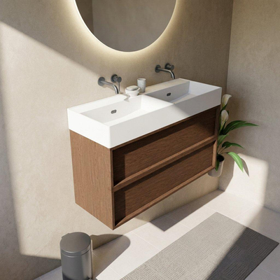 Saniclass Holz Frame Ensemble de meubles de salle de bains - 120x45x72cm - Legend lavabo en céramique blanc mat - 2 vasques - 2 trous de robinet - 2 tiroirs - noyer pure mat (bois)