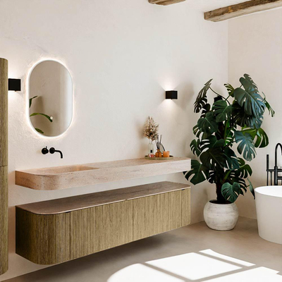 MONDIAZ THOR-DLUX 190cm meuble de salle de bains arrondi gauche + droite couleur Dusk avec 2 tiroirs et 2 portes. Vasque suspendue CLOUD Gauche sans trou de robinet couleur Saba.