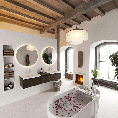 Mondiaz bukla ensemble de meubles de salle de bain 160x45x34cm 2 robinets 2 lavabos surface solide talc sans poignée 3 tiroirs avec softclose mélamine marron foncé