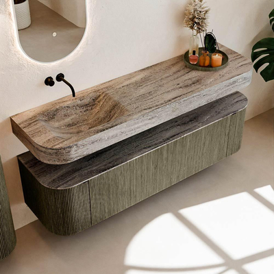 MONDIAZ THOR-DLUX 170cm badmeubel ronding links + rechts kleur Shadow met 1 lade en 2 deuren. Vrijhangende wastafel CLOUD Links zonder kraangat kleur Oza.