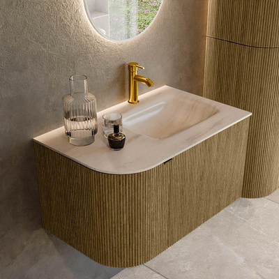 MONDIAZ KURVE-DLUX 75cm badmeubel ronding Links kleur Dusk met 1 lade en 1 deur. Wastafel GRUNNE Rechts 1 kraangat Meli.