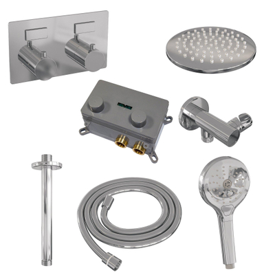 BRAUER Chrome Edition Thermostatische Regendouche inbouw - drukknoppen - SET 59 - 20cm hoofddouche - plafondarm - 3 standen handdouche - doucheslang - wandaansluitbocht - chroom
