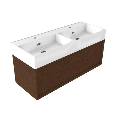 Saniclass Holz Frame Ensemble meuble de salle de bains - 120x45x52cm - Legend lavabo en céramique blanc - 2 vasques - 2 trous de robinetterie - 1 tiroir - mat walnut pure (bois)