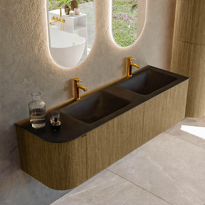 Mondiaz KURVE Ensemble de meuble de salle de bains - 155x46x40cm - 2 tiroirs - 1 porte - vasque solid surface - double / droite - 2 trous de robinet - Dusk