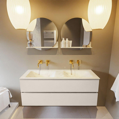 Mondiaz VICA-DLUX ensemble de meuble de salle de bain - 130cm - meuble sous-vasque lin - 2 tiroirs - lavabo encastrée nuage double - sans trous de robinet - version haute de 60cm - opalo