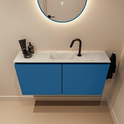 MONDIAZ TURE-DLUX Meuble toilette - 100cm - Jeans - EDEN - vasque Opalo - position centrale - 1 trou de robinet