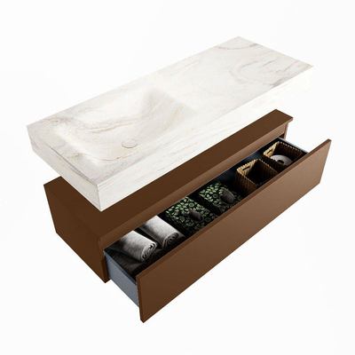 Mondiaz ALAN-DLUX Ensemble de meuble - 120cm - meuble Rust mat - 1 tiroir - Lavabo Cloud Ostra suspendu - vasque Gauche - 0 trous de robinet