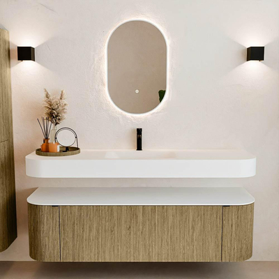 MONDIAZ THOR 160cm meuble de salle de bains arrondi gauche + droite couleur Dusk avec 1 tiroir et 2 portes. Vasque suspendue CLOUD Milieu 1 trou de robinet couleur Talc.