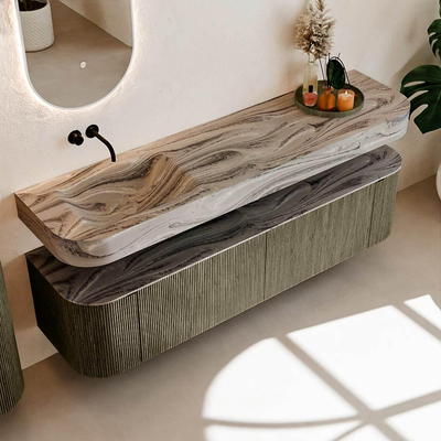 MONDIAZ THOR-DLUX 180cm meuble de salle de bains arrondi gauche + droite couleur Shadow avec 2 tiroirs et 2 portes. Vasque suspendue CLOUD gauche sans trou de robinet couleur Sombra.