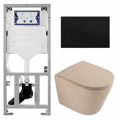 QeramiQ Dely Pack WC - 36,3x51,7cm - à fond creux - sans bride - réservoir encastré Geberit UP320 - abattant WC à fermeture douce - plaque de commande en plastique noir mat - boutons ronds - beige mat