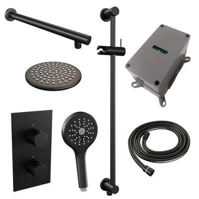 Ensemble de douche pluie Brauer Black Carving encastré - douche principale 20 cm - bras mural droit - glijstang - avec partie encastrable - 2 fonctions - bouton carving - douchette ronde 1 fonction - noir mat