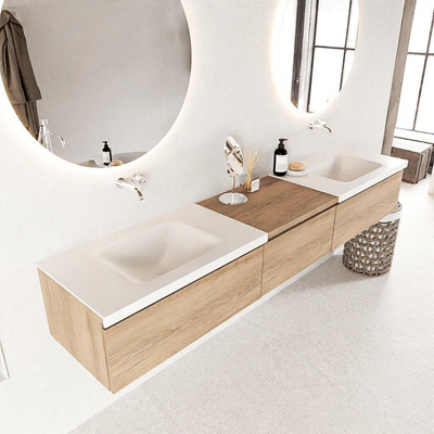 Mondiaz BUKLA badkamermeubelset 220x45x34cm 0 kraangaten 2 wasbakken solid surface Talc greeploos 3 lades met softclose Melamine Washed Oak