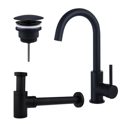 FugaFlow Eccelente Sobrado Kit robinet lavabo - robinet haut - bec rotatif - bonde non-obturable - siphon design bas - Noir mat