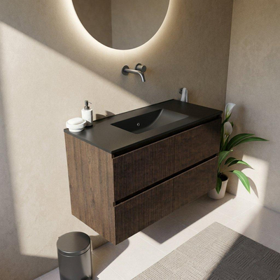 Saniclass Holz Atelier Ensemble meuble de salle de bains - 100x45x62cm - Vygo lavabo en céramique noir - 1 vasque - sans trou de robinet - 2 tiroirs - chêne charcoal mat (bois)