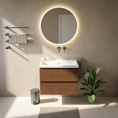 Saniclass Holz Pure Ensemble meuble de salle de bains - 80x45x63.5cm - Bari lavabo en céramique blanc - 1 vasque - sans trou de robinetterie - 2 tiroirs - mat walnut pure (bois)