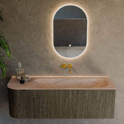 MONDIAZ KURVE-DLUX 135cm badmeubel ronding Links kleur Shadow met 1 lade en 1 deur. Wastafel BIG MEDIUM Rechts zonder kraangat Saba.