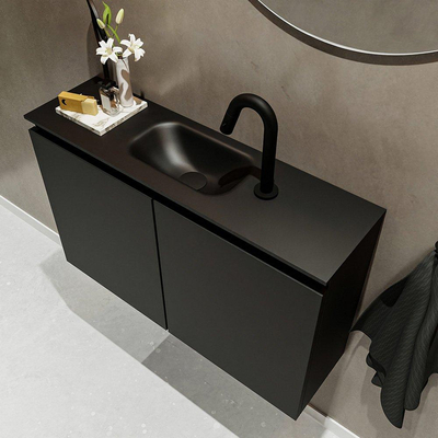 MONDIAZ TURE Kit lave-mains - 80x23x50cm - 1 trou de robinet - 2 portes - urban mat - Lavabo centré - Solid Surface Noir