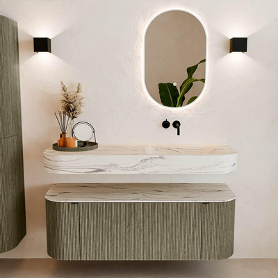 MONDIAZ THOR-DLUX 130cm meuble de salle de bains arrondi gauche + droite couleur Shadow avec 1 tiroir et 2 portes. Vasque suspendue CLOUD Droite sans trou de robinet couleur Nata.