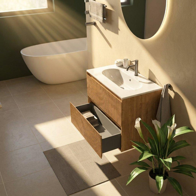 Saniclass Holz Atelier Ensemble meuble de salle de bains - 80x45x73.9cm - lavabo Chaci en céramique blanc - 1 vasque - 1 trou de robinetterie - 2 tiroirs - chêne natural mat (bois)