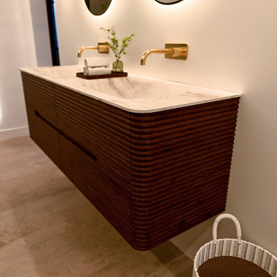 Mondiaz CIRO-DLUX Badkamermeubelset - 150x45x50cm - Solid surface wastafel Frappe - 2 wasbak Dubbel - zonder kraangaten - 4 lades - Ruby