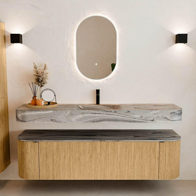 MONDIAZ THOR-DLUX 170cm badmeubel ronding links + rechts kleur Oak met 1 lade en 2 deuren. Vrijhangende wastafel CLOUD Midden 1 kraangat kleur Sombra.