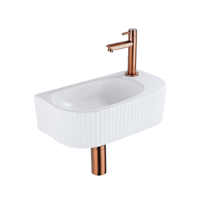 QeramiQ Fuente Ensemble de Lavabo - 40x21.5x12cm - droit - strié - demi-rond - 1 trou de robinet - céramique - ensemble de robinet en cuivre brossé - bouchon de vidange - siphon réduit - blanc mat