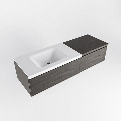 MONDIAZ BUKLA 140cm ensemble de meuble avec module 60 couleur Marron Foncé avec 2 tiroirs. Lavabo CLOUD à gauche 1 trou de robinet couleur Talc.