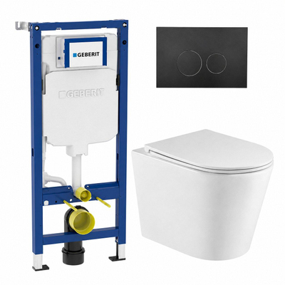 QeramiQ Dely Toiletset - 36.3x51.7cm - diepspoel - rimless - Geberit UP320 inbouwreservoir - met Burda frame - softclose toiletzitting - mat zwarte bedieningsplaat - ronde knoppen - glans wit