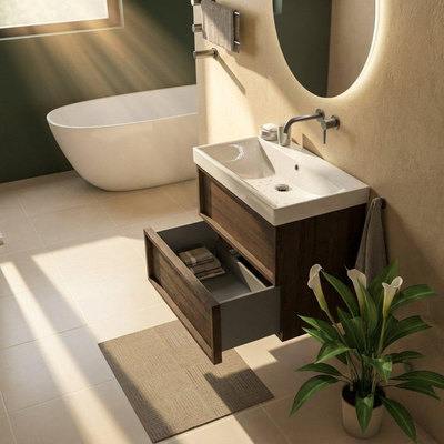 Saniclass Holz Frame Ensemble meuble de salle de bains - 80x45x67.5cm - lavabo Wave en céramique - 1 vasque - sans trou de robinet - 2 tiroirs - chêne charcoal mat (bois)