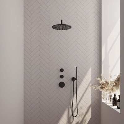 Brauer Black Edition thermostatische inbouw regendoucheset 40cm gebogen wandarm met 30cm ronde hoofddouche 1 stand staafhanddouche 150cm gladde doucheslang met aansluitbocht en handdouchehouder Zwart mat