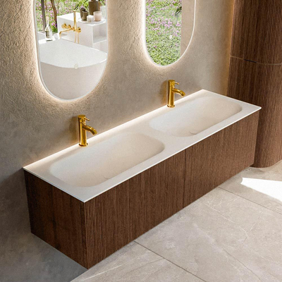 MONDIAZ KURVE Meuble de salle de bains 150 cm couleur Walnut avec 2 tiroirs. Lavabo BIG SMALL double 2 trous de robinet Talc.