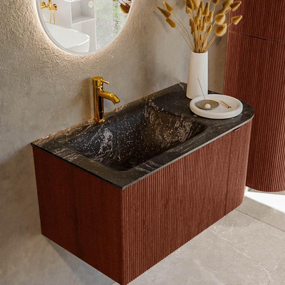 Mondiaz KURVE-DLUX Badkamermeubelset - 85x46x40cm - 1 lade - 1 deur - wastafel solid surface - links - 1 kraangat - Ruby