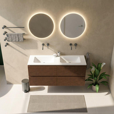 Saniclass Holz Atelier Ensemble meuble de salle de bains - 140x45x77.5cm - lavabo Torino en solid surface blanc - sans trou de robinet - 4 tiroirs - walnut pure mat (bois)