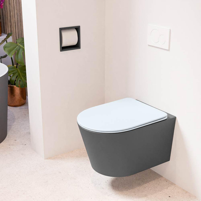 Mondiaz LAVIE hangtoilet – spoelrandloos – 36 x 53 cm – met softclose zitting – Dark grey (grijs), zitting Clay (lichtblauw/grijs)
