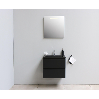 Basic Bella Meuble salle de bains avec lavabo acrylique Noir 60x55x46cm 1 trou de robinet avec miroir et éclairage Noir mat