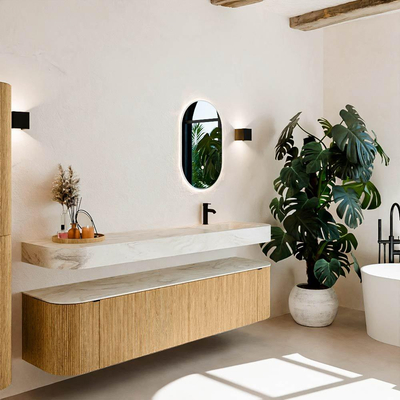 MONDIAZ THOR-DLUX Meuble de salle de bains - 190cm - arrondi gauche + droite - couleur Oak - 2 tiroirs et 2 portes - Vasque suspendue CLOUD droite 1 trou de robinet couleur Ostra