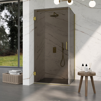 Fortifura Galeria Cabine de douche - 90x100x200cm - scharnières - poignée plat - verre fumé - Laiton brossé PVD