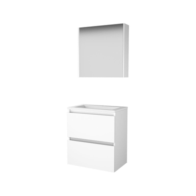 Basic-Line Comfort 39 ensemble de meubles de salle de bain 60x39cm sans poignée 2 tiroirs lavabo en porcelaine 1 trou de robinetterie armoire de toilette mdf laqué blanc glacier