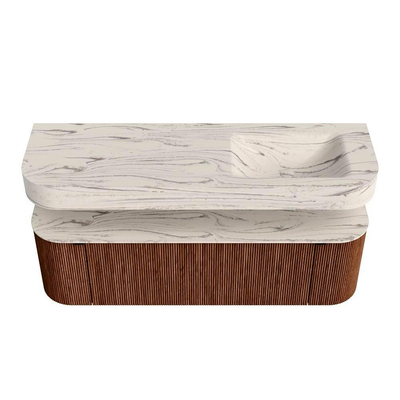 MONDIAZ THOR-DLUX 150cm meuble de salle de bains arrondi gauche + droite couleur Ruby avec 1 tiroir et 2 portes. Vasque suspendue CLOUD Droite 1 trou de robinet couleur Nata.