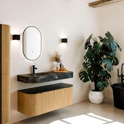 MONDIAZ THOR-DLUX 120cm badmeubel ronding links + rechts kleur Oak met 1 lade en 2 deuren. Vrijhangende wastafel CLOUD Links 1 kraangat kleur Lava.