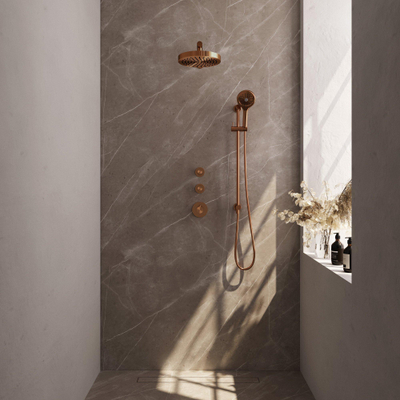 BRAUER Stripe Thermostatische Inbouw Regendouche - SET 10 - 25cm douchekop - rechte muurarm - 3-standen handdouche - doucheslang - geïntegreerde glijstang - koper geborsteld PVD