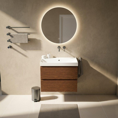 Saniclass Holz Pure Ensemble meuble de salle de bains - 80x45x67.5cm - Lavabo Wave en céramique - 1 vasque - sans trou de robinet - 2 tiroirs - walnut pure mat (bois)