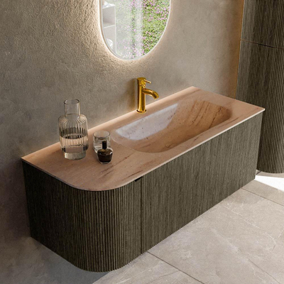 MONDIAZ KURVE-DLUX Meuble de salle de bains 115cm arrondi à gauche couleur Shadow avec 1 tiroir et 1 porte. Plan-vasque BIG SMALL à droite 1 trou de robinet Saba.