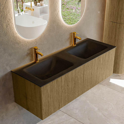 Mondiaz KURVE Badkamermeubelset - 130x46x40cm - 2 lade - wastafel solid surface - dubbel - 2 kraangaten - Dusk