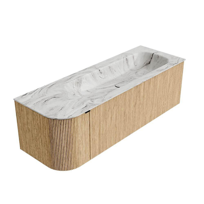 MONDIAZ KURVE-DLUX Meuble de salle de bains 135cm avec module 25 L couleur Chêne avec 1 tiroir et 1 porte. Lavabo BIG MEDIUM à droite sans trou de robinet couleur Glace.