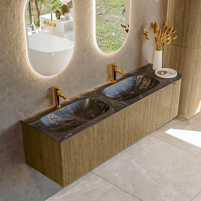 Mondiaz KURVE-DLUX Ensemble de meuble salle de bain - 165x46x40cm - 2 tiroirs - 1 porte - lavabo en solid surface - double / gauche - 2 trous de robinet - Dusk