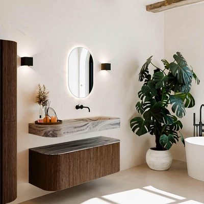 MONDIAZ THOR-DLUX 120cm meuble de salle de bains arrondi gauche + droite couleur Walnut avec 1 tiroir et 2 portes. Vasque suspendue CLOUD Droite sans trou de robinet couleur Sombra.