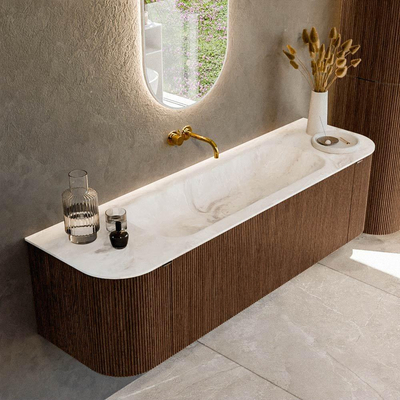 MONDIAZ KURVE-DLUX 160cm badmeubel met module 25 Len R kleur Walnut met 1 lade en 2 deuren. Wastafel BIG MEDIUM midden zonder kraangat kleur Frappe.